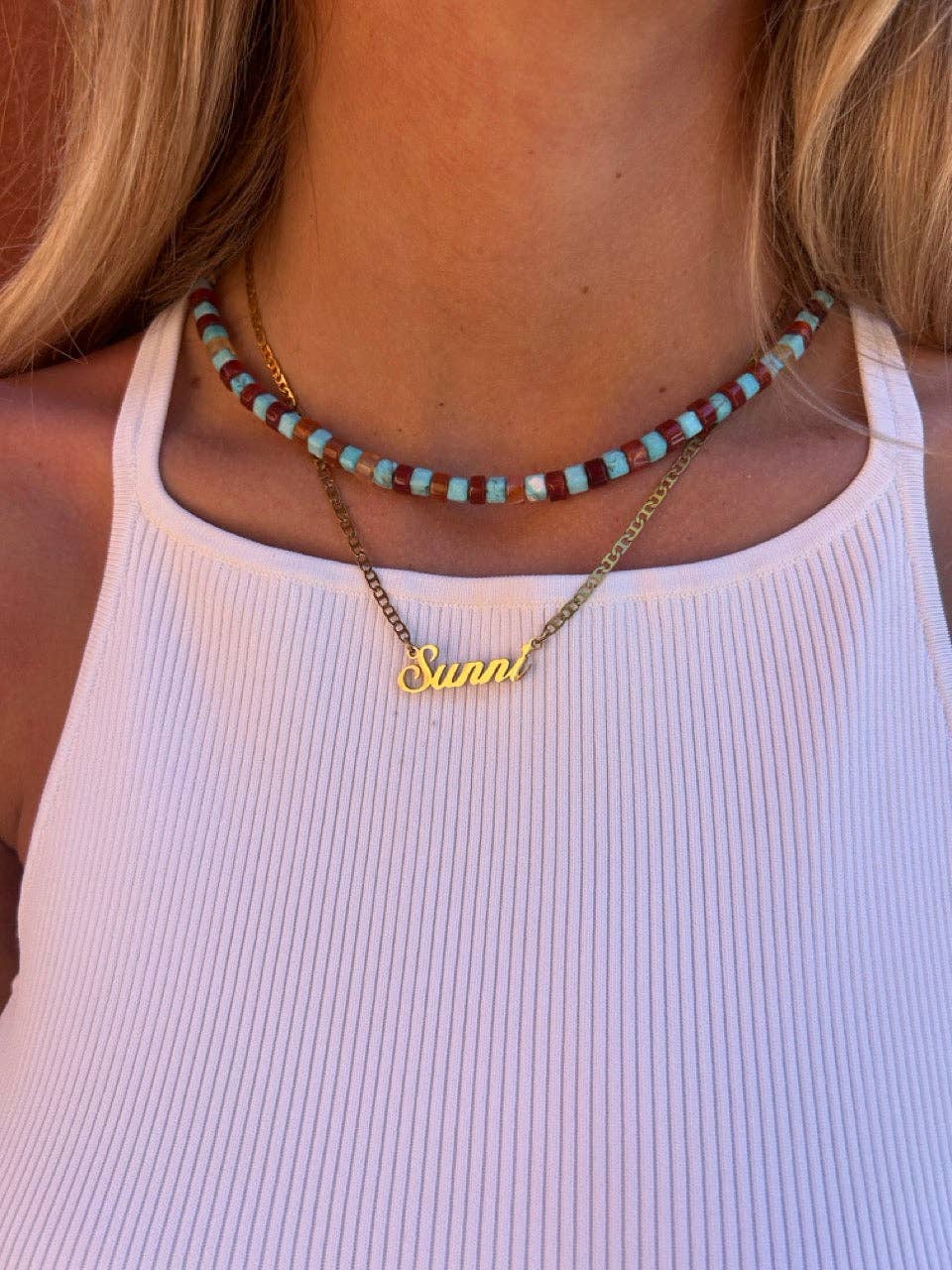 Turquoise and Red Aventurine Beaded Necklace: Default Title