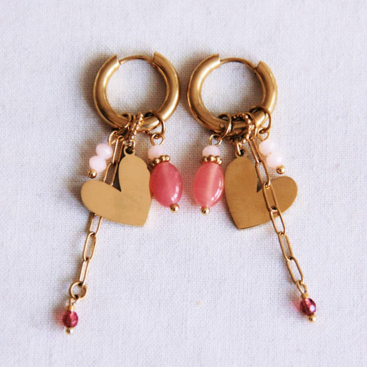 Hoop earrings with heart, d-chain and facets - coral/nude